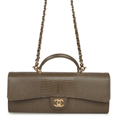 Chanel Long Top Handle Clutch with Chain Dark Khaki Lizard Embossed Calfskin Gold Hardware
