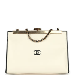 Chanel "Shop By Night" Clutch Bag White, Black Printed Calfskin Gold Hardware