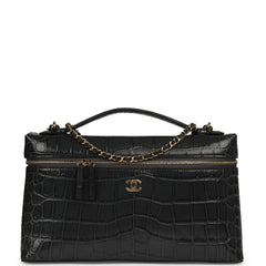 Chanel Large Top Handle Long Vanity Case Grey Croc Embossed Calfskin Gold Hardware