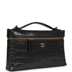 Chanel Large Top Handle Long Vanity Case Grey Croc Embossed Calfskin Gold Hardware