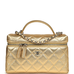 Chanel Top Handle Long Vanity Case with Chain Gold Metallic Caviar Silver Hardware