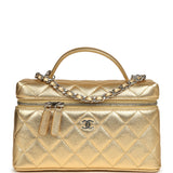 Chanel Top Handle Long Vanity Case with Chain Gold Metallic Caviar Silver Hardware - Thumbnail View 1