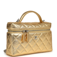 Chanel Top Handle Long Vanity Case with Chain Gold Metallic Caviar Silver Hardware