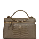 Chanel Top Handle Long Vanity Case with Chain Dark Khaki Lizard Embossed Calfskin Gold Hardware - Thumbnail View 1