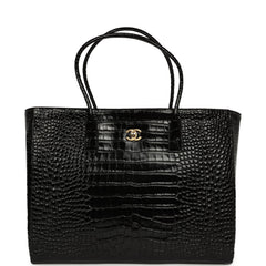 Chanel Large Cerf Shopping Bag Black Croc Embossed Calfskin Gold Hardware