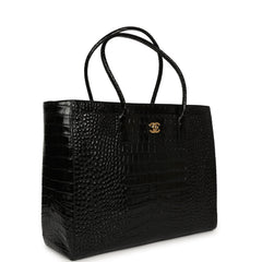 Chanel Large Cerf Shopping Bag Black Croc Embossed Calfskin Gold Hardware