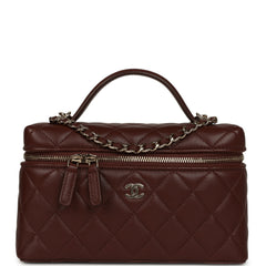 Chanel Top Handle Long Vanity Case with Chain Brown Lambskin Light Gold Hardware