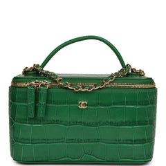 Chanel Small Top Handle Long Vanity Case Green Croc Embossed Calfskin Gold Hardware