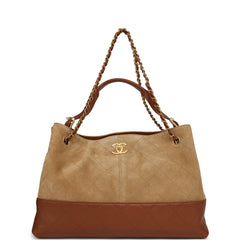 Chanel Large Coco Hobo Bag Beige Suede, Light Brown Shiny Lambskin Brushed Gold Hardware