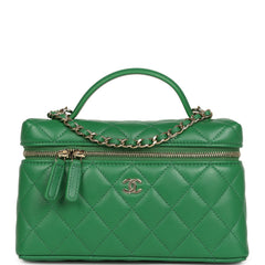 Chanel Top Handle Long Vanity Case with Chain Green Lambskin Light Gold Hardware