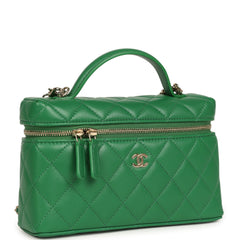 Chanel Top Handle Long Vanity Case with Chain Green Lambskin Light Gold Hardware