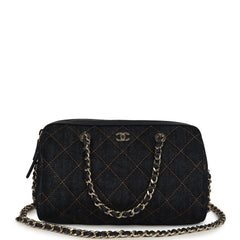 Chanel Mini Timeless Classic Barrel Bag with Chain Dark Blue Denim Light Gold Hardware