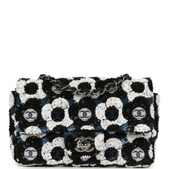 Pre-owned Chanel Mini Rectangular Flower Flap Bag Black, Navy, White Sequin Ruthenium Hardware