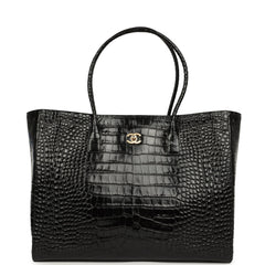 Chanel Large Cerf Shopping Bag Black Croc Embossed Calfskin Gold Hardware
