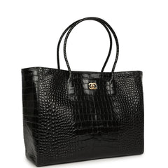 Chanel Large Cerf Shopping Bag Black Croc Embossed Calfskin Gold Hardware