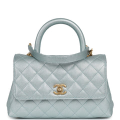 Chanel Small Coco Handle Flap Bag Light Blue Iridescent Caviar Antique Gold Hardware