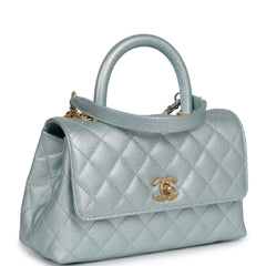 Chanel Small Coco Handle Flap Bag Light Blue Iridescent Caviar Antique Gold Hardware