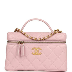 Chanel Top Handle Long Vanity Case with Chain Light Pink Shiny Caviar Brushed Gold Hardware