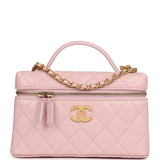 Chanel Top Handle Long Vanity Case with Chain Light Pink Shiny Caviar Brushed Gold Hardware - Thumbnail View 1