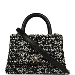 Chanel Mini Coco Handle Flap Bag Black, White Sequin, Beaded Light Gold Hardware