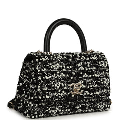 Chanel Mini Coco Handle Flap Bag Black, White Sequin, Beaded Light Gold Hardware