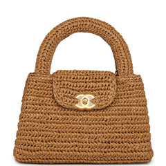 Chanel Small Kelly Dark Beige Raffia Brushed Gold Hardware