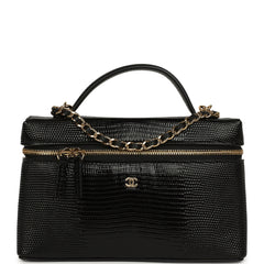 Chanel Top Handle Long Vanity Case with Chain Black Lizard Embossed Calfskin Gold Hardware