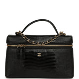 Chanel Top Handle Long Vanity Case with Chain Black Lizard Embossed Calfskin Gold Hardware - Thumbnail View 1
