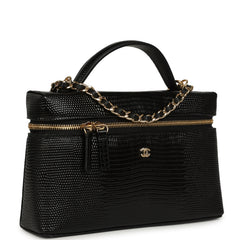 Chanel Top Handle Long Vanity Case with Chain Black Lizard Embossed Calfskin Gold Hardware