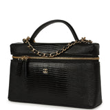 Chanel Top Handle Long Vanity Case with Chain Black Lizard Embossed Calfskin Gold Hardware - Thumbnail View 5