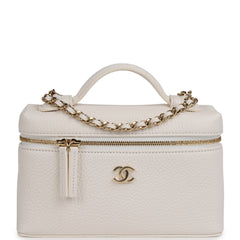 Chanel "Supple" Top Handle Long Vanity Case with Chain White Grained Calfskin Gold Hardware