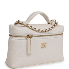 Chanel "Supple" Top Handle Long Vanity Case with Chain White Grained Calfskin Gold Hardware