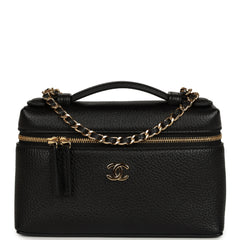 Chanel "Supple" Top Handle Long Vanity Case with Chain Black Grained Calfskin Gold Hardware