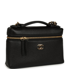 Chanel "Supple" Top Handle Long Vanity Case with Chain Black Grained Calfskin Gold Hardware