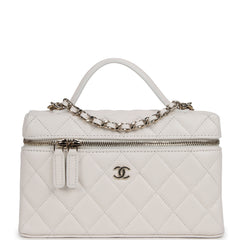 Chanel Top Handle Long Vanity Case with Chain White Shiny Caviar Light Gold Hardware
