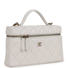 Chanel Top Handle Long Vanity Case with Chain White Shiny Caviar Light Gold Hardware