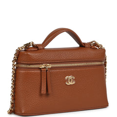 Chanel "Supple" Top Handle Long Vanity Case with Chain Camel Grained Calfskin Gold Hardware