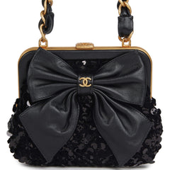 Pre-owned Chanel Mini Clutch with Bow Crossbody Bag Black Shiny Lambskin, Sequin Antique Gold Hardware
