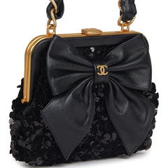 Pre-owned Chanel Mini Clutch with Bow Crossbody Bag Black Shiny Lambskin, Sequin Antique Gold Hardware