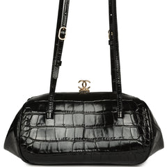 Chanel Clutch Bag with Leather Straps Black Croc Embossed Calfskin Gold Hardware