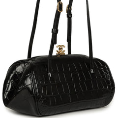 Chanel Clutch Bag with Leather Straps Black Croc Embossed Calfskin Gold Hardware