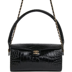Chanel Barrel Clutch Bag with Chain Black Croc Embossed Calfskin Gold Hardware