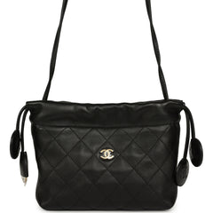 Chanel CC Drawstring Clutch with Leather Strap Black Lambskin Gold Hardware