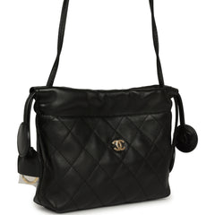 Chanel CC Drawstring Clutch with Leather Strap Black Lambskin Gold Hardware