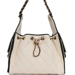 Chanel Small 25 Hobo Bag Ecru Canvas and Black Calfskin Gold Hardware