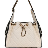 Chanel Small 25 Hobo Bag Ecru Canvas and Black Calfskin Gold Hardware - Thumbnail View 1