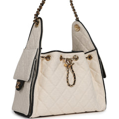 Chanel Small 25 Hobo Bag Ecru Canvas and Black Calfskin Gold Hardware