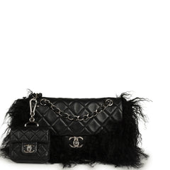 Pre-owned Chanel Medium "Tibet" Flap Bag & Mini Flap Bag Charm Black Lambskin, Goat Fur Silver Hardware