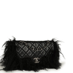 Pre-owned Chanel Medium "Tibet" Flap Bag & Mini Flap Bag Charm Black Lambskin, Goat Fur Silver Hardware