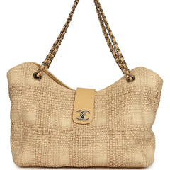 Pre-owned Chanel Small Shopping Bag Beige Braided Raffia Light Gold Hardware